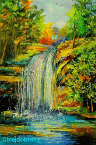 an oil painting of a waterfall near some water