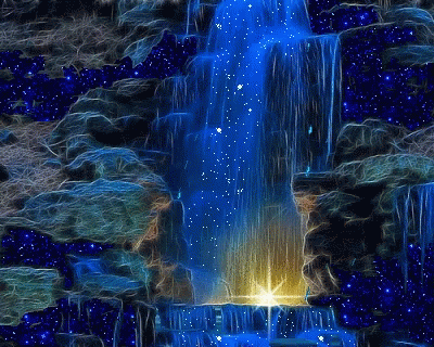 the artwork shows bright lights at a waterfall