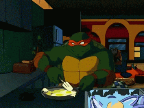 the green and blue hero is eating dinner
