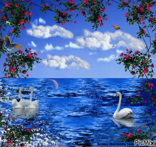 a painting of swans swimming in a lake