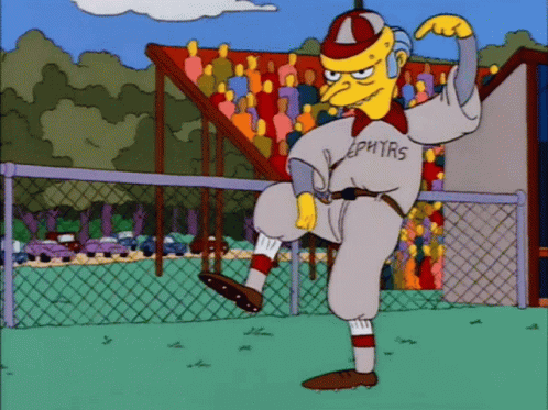 the animation shows a blue man playing baseball