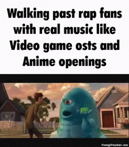 an image of the words'walking past rap fans with real music like video game obstacles and anime openings '