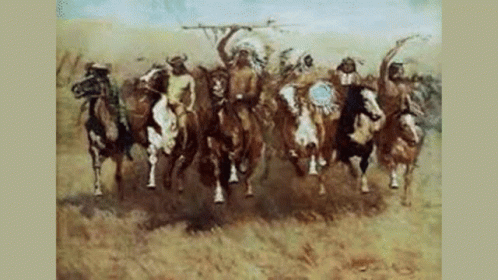 two large paintings of cowboys riding horses with each other