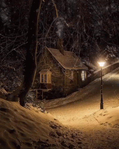 the lights shine on a snowy street in front of a cabin