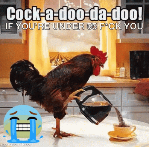 a chicken on a counter pouring a glass of water