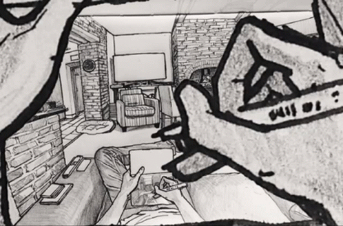 a drawing depicting someone who has a hand that is on his bed