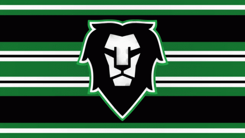a large, stylized logo featuring a lion on a black and green strip pattern