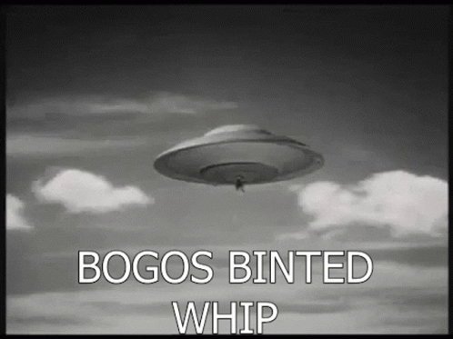 a flying saucer above some clouds and the words booos binted whip