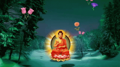 an animated painting of a buddha surrounded by green and purple flowers