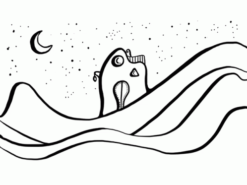 black and white cartoon line drawing of a bird sitting on a wave