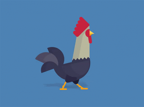 a large cartoon chicken with a blue head and beak