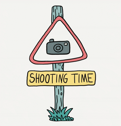 a drawing of a camera, a sign and another sign with a message