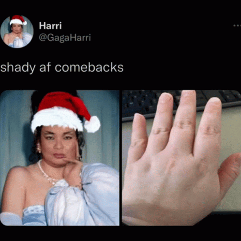 two images showing a woman in a santa hat with a ring on her thumb