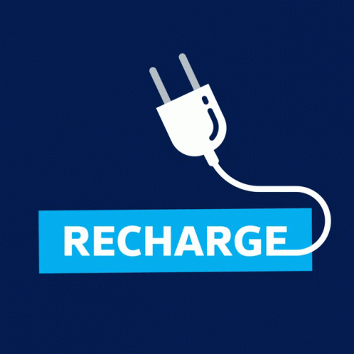 a yellow recharge sign and an electric outlet