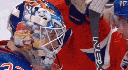 a closeup of an adult goalie mask in action