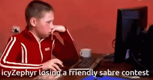 a man sitting at his computer desk with the caption in a text reading'it is zero zephhy losing a friendly sabre contest contest '