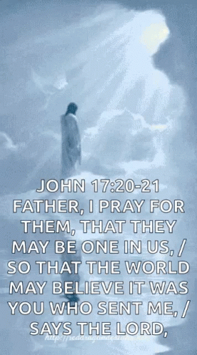 a bible verse with an image of a man in white robes and sky background