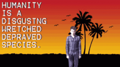 a screen s of a game with an illustration of a person standing next to palm trees