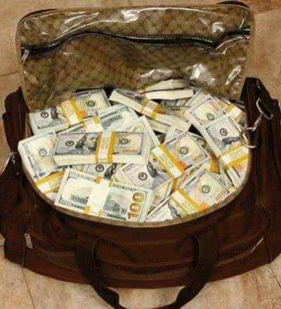 there is a bag filled with cash and the contents inside