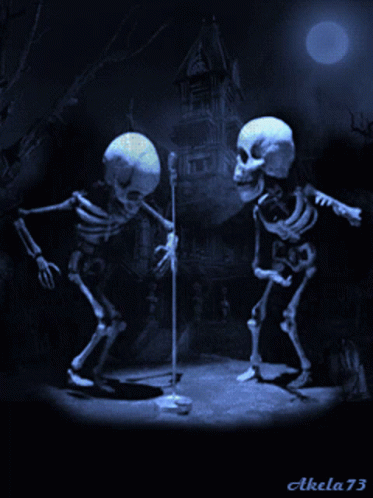 two skeletons talking in front of an old building with fog