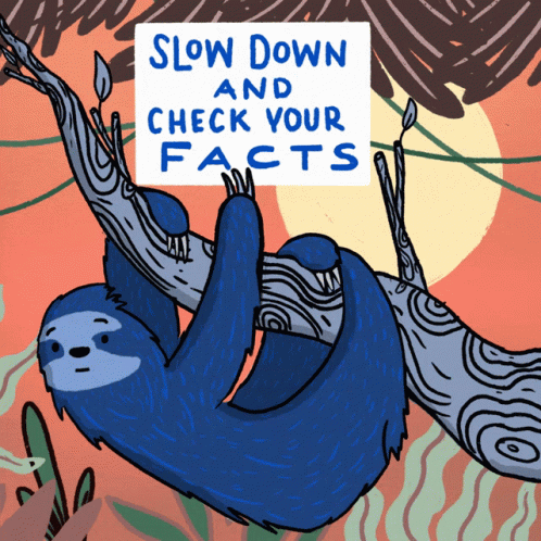 a cartoon illustration of a sloth holding a sign that reads slow down and check your faces