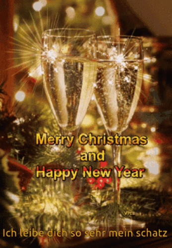 a christmas card with two glasses of champagne