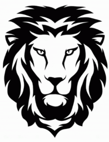 a lion logo is shown in black and white