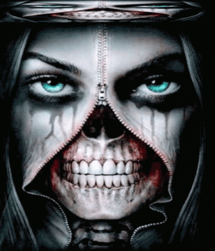 a woman with blue eyes wearing a hood with skulls on her head