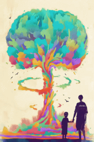 a person standing next to a tree with colors coming out