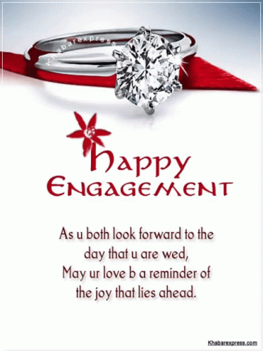 an engagement card with a diamond ring and a message