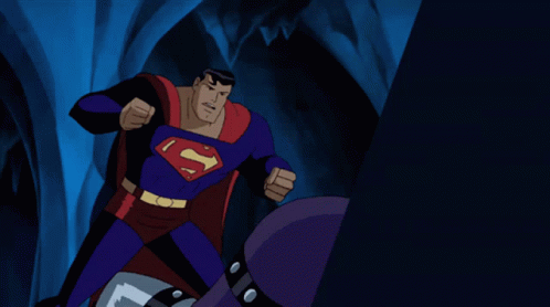 a cartoon scene of the man in superman's suit with a gun and helmet