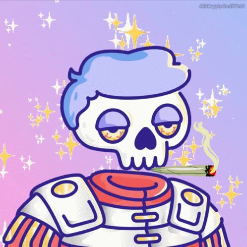 a skeleton with a cigarette and a skull wearing a space suit