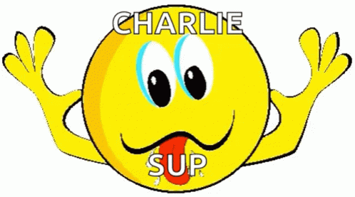 a blue cartoon character with the words charlie sup