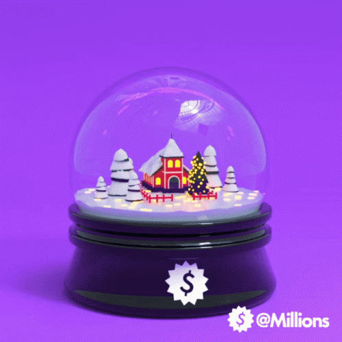 a snow globe with a pink background with a small blue and white house in it