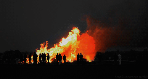 a group of people standing in front of a bonfire