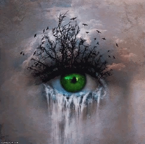 the eye has green and the birds are flying over it