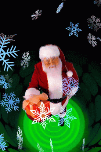 an animated christmas scene with santa claus in green and gold snowflakes