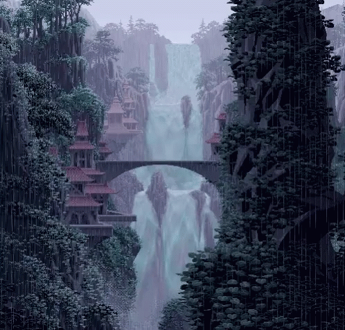 a digital painting of waterfall with bridge over it