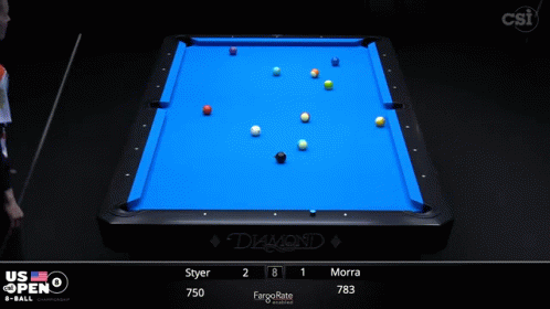 pool table with two men in back and a black background