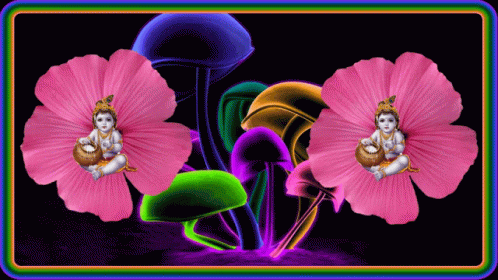 a flower, with a sitting fairy on it, is in front of a black background and the image is of purple flowers