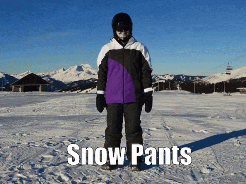 a man with skis in the snow with the text snow pants