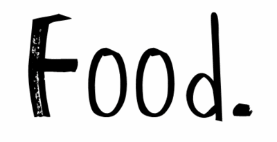 a black and white image of the word food