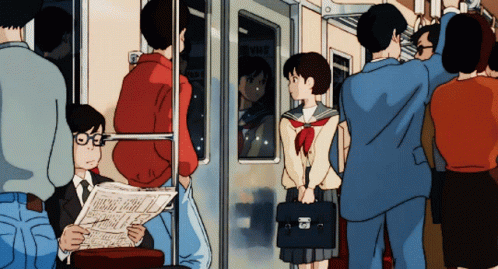 a cartoon of three men on a subway or bus
