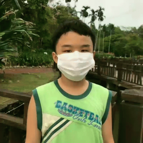 a boy wearing a face mask by a wooden walkway