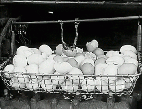 a basket with eggs sitting on top of an antique carriage