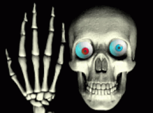a white skeleton with two yellow eyes next to an outstretched hand