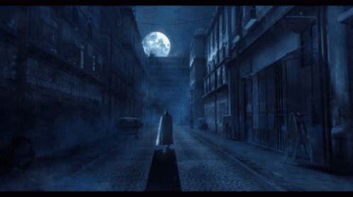 there is a dark alley and a moon in the background