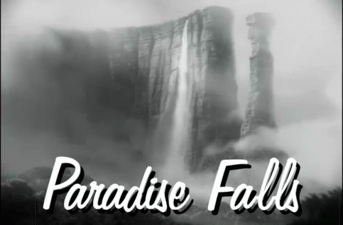 a black and white po with the words paradise falls