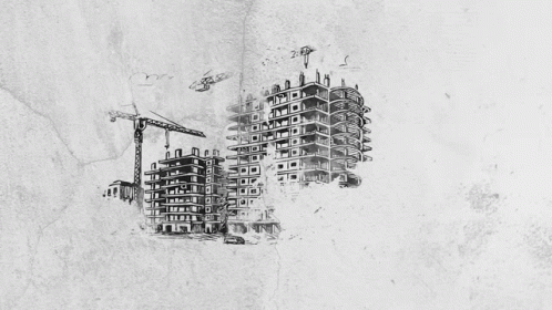 an illustration shows several buildings being built on the horizon