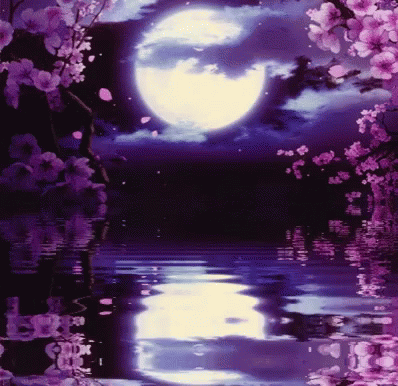 a painting of a full moon with pink flowers